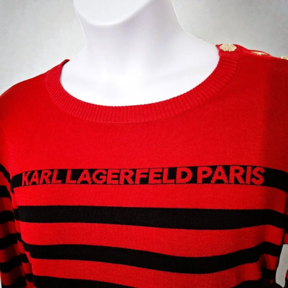 Karl Lagerfeld Paris Med (8-10) Red & Black Stripe Crewneck Sweater w/ Gold Pins - Picture 3 of 15